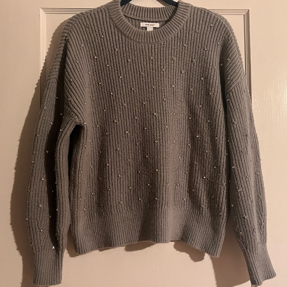 Nine West Gray Crewneck Sweater with Pearl Details
